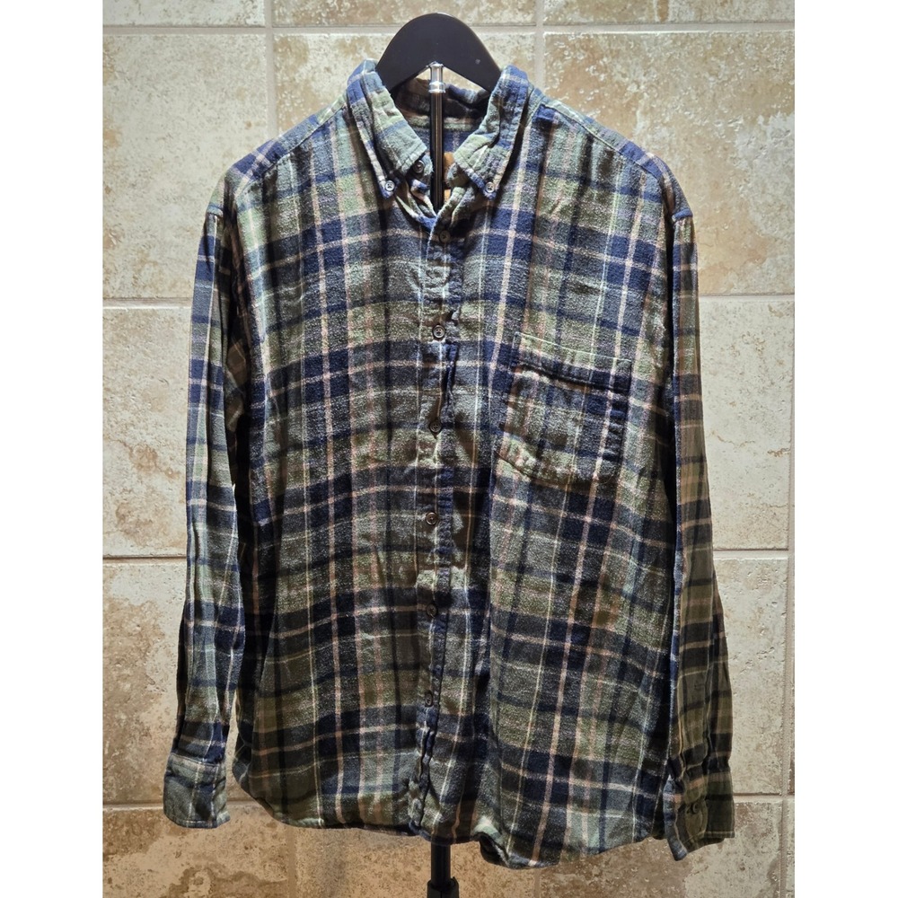 St.Johns Bay Plaid Flannel Button Down Shirt Mens Size Large Green Navy Tan